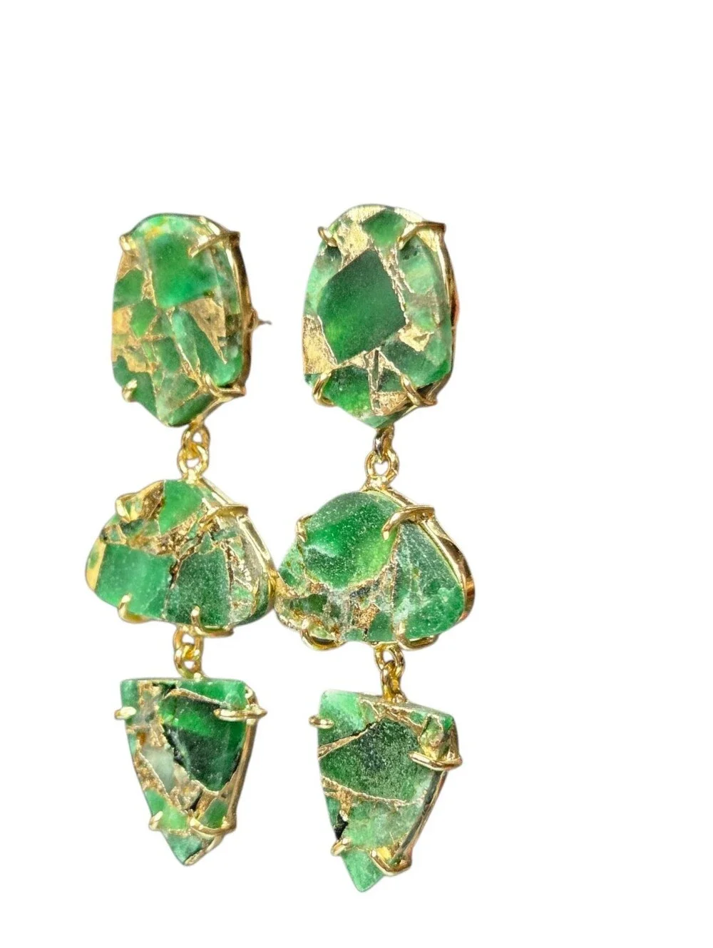 18k Gold Plated Artisan Genuine Mohave Green Turquoise Geometric Dangle Earrings